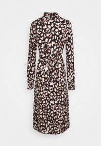 Vestido de estampado de leopardo con mangas largas, cintura ceñida y cuello clásico. Presenta una paleta de colores en negro, crema y rosa pálido. Textura satinada.