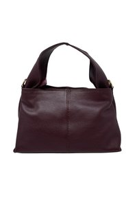 Torba na ramię z ciemnobrązowej, ziarnistej skóry z szerokim paskiem na ramię i widocznym przeszyciem wzdłuż środka i krawędzi.