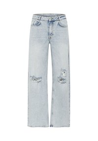 Jeans anchos de mezclilla azul claro con desgastes en las rodillas, que cuentan con un diseño clásico de cinco bolsillos y un cierre de botones.