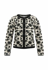 Broderie florale noire sur cardigan en maille blanche à manches longues, col rond et fermeture à boutons à l'avant.