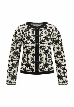 Broderie florale noire sur cardigan en maille blanche à manches longues, col rond et fermeture à boutons à l'avant.