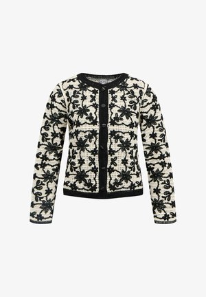 Broderie florale noire sur cardigan en maille blanche à manches longues, col rond et fermeture à boutons à l'avant.