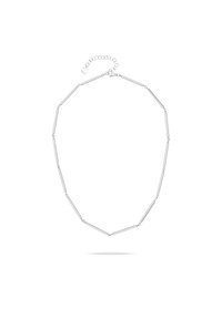 Collana in argento con anelli allungati a forma di barra e una catena di estensione con un gancio rotondo per una lunghezza regolabile.