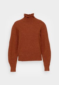 Hedvábný rolák v spálené oranžové barvě. Měkká textura, dlouhé rukávy a volánkový límec. Přiléhavý lem s mírně boxovitým tvarem.