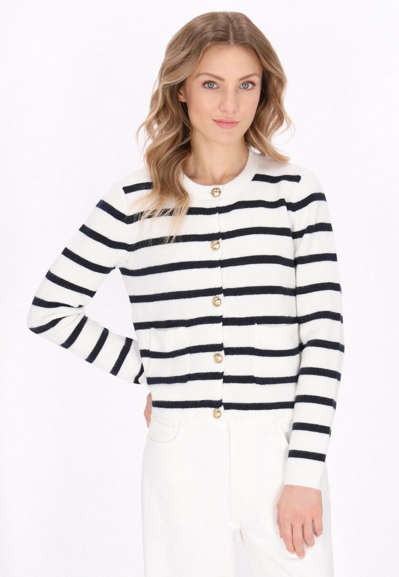 White cardigan with navy stripes, round neckline, gold buttons, and two front pockets. Lightweight knit material with a fitted design.
