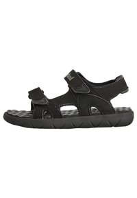 Svart sandal med justerbara Velcro-remmar, öppen design, texturerad sula och vadderad fotbädd. Tillverkad av syntetiskt material för hållbarhet.