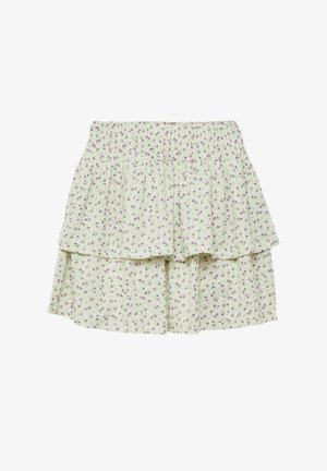 Mini-jupe légère verte pâle à volants avec un petit imprimé floral violet et une taille élastique froncée.