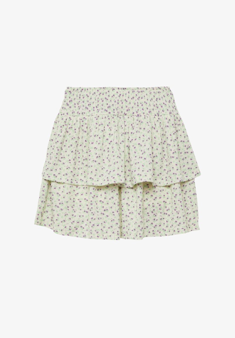 Hellgrüner, gestufter Minirock mit kleinem lila Blumenmuster und gerafftem elastischem Bund.