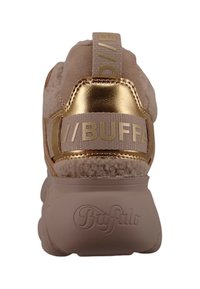 Buffalo sneakers in soft beige with a plush texture. Features a shiny gold accent at the heel, and a fabric logo strap on the back.
