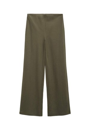 Pantaloni largi de culoare verde măsliniu dintr-un material moale, cu talie înaltă și o textură netedă, fără cusături vizibile sau embellishementuri.