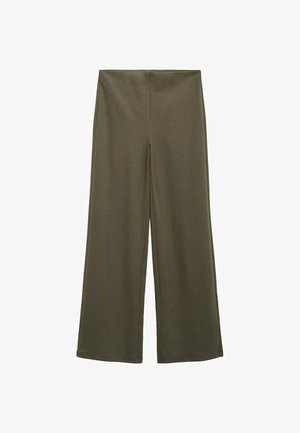 Olivno zeleni široki hlače iz mehkega blaga, z visokim pasom in gladko teksturo, brez vidnih šivov ali okrasitev.