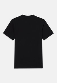 T-shirt noir en coton avec des manches courtes et un col rond. Texture lisse, sans motifs ni graphismes visibles, design arrière uni.