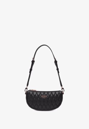 Borsa a tracolla nera trapuntata con forma curva, tracolla regolabile e dettaglio del logo metallico. Realizzata in materiale sintetico testurizzato.