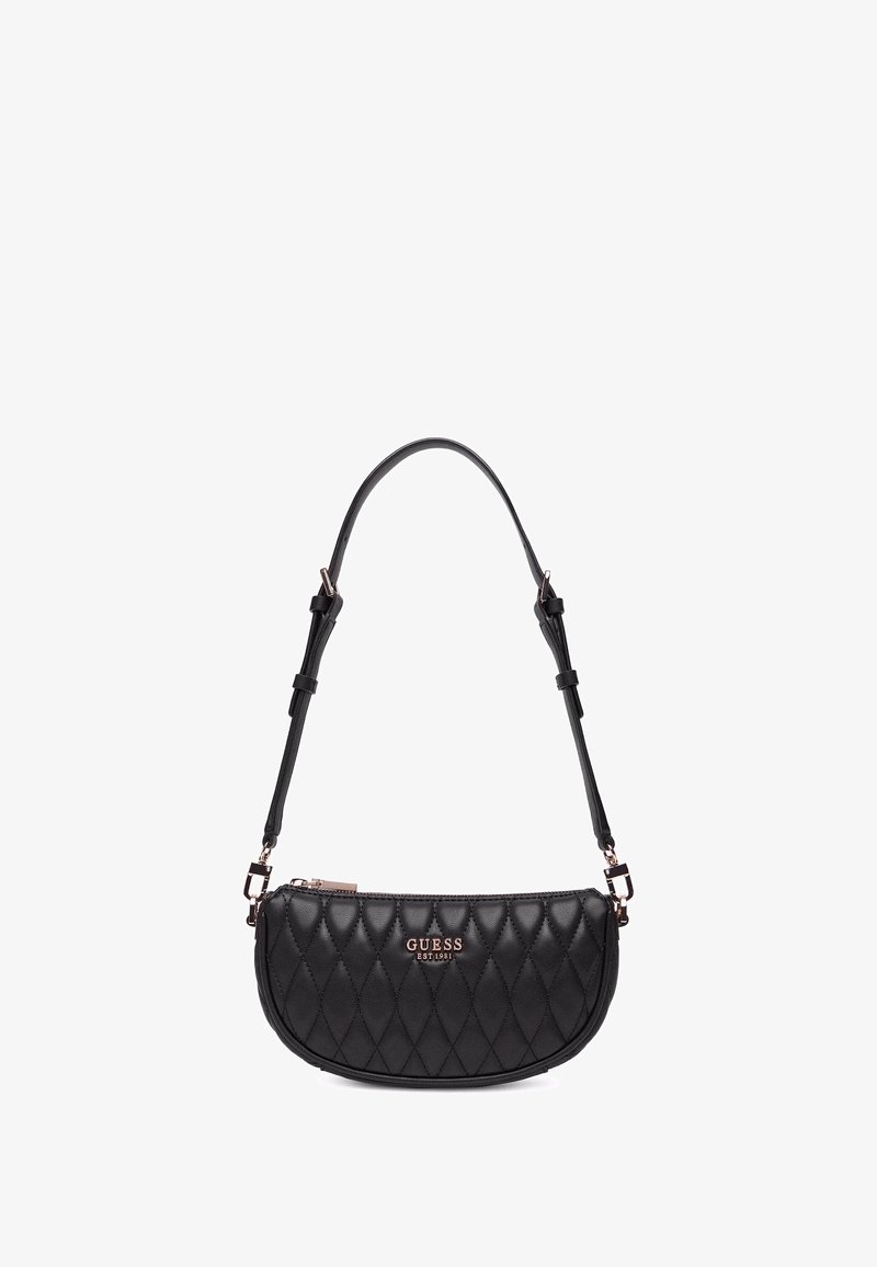 Borsa a tracolla nera trapuntata con forma curva, tracolla regolabile e dettaglio del logo metallico. Realizzata in materiale sintetico testurizzato.