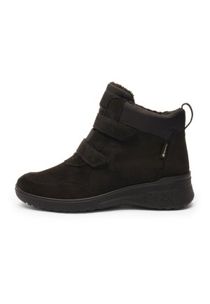 Black suede ankle boot with two velcro straps, thick textured sole, padded collar, and Gore-Tex label on the side.