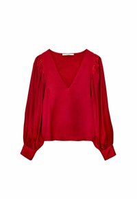 Blusa rossa in satin con scollatura a V profonda, maniche lunghe a sbuffo con polsini e un design fluido adatto a varie occasioni.