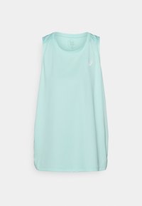 Top atlético sin mangas de color verde claro, con un escote redondo, textura de tela suave y un pequeño logo blanco en el lado izquierdo.