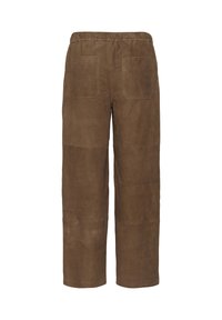 Brown suede pants with elastic waistband, straight legs, and two stitched back pockets, shown from the rear.