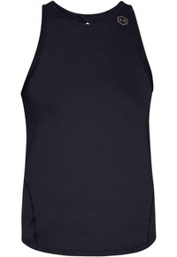 Czarny bezrękawnik sportowy, wykonany z gładkiego, elastycznego materiału. Posiada okrągły dekolt i małe logo w górnym prawym rogu.