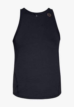 Czarny bezrękawnik sportowy, wykonany z gładkiego, elastycznego materiału. Posiada okrągły dekolt i małe logo w górnym prawym rogu.