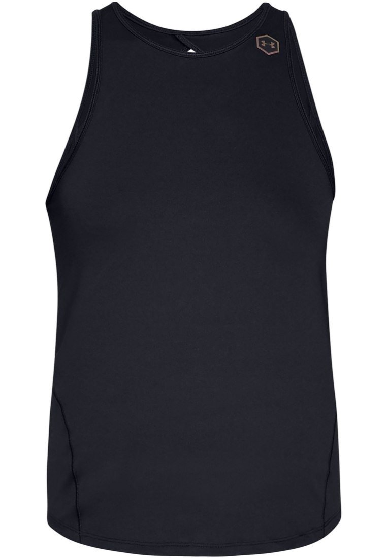 Czarny bezrękawnik sportowy, wykonany z gładkiego, elastycznego materiału. Posiada okrągły dekolt i małe logo w górnym prawym rogu.