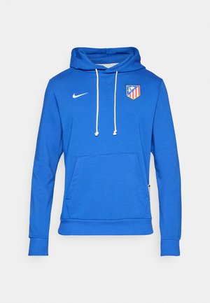 Blaues Hoodie aus Baumwollmischung, mit einer Fronttasche und weißen Kordeln. Nike-Logo auf der oberen linken Seite, Atlético Madrid-Wappen auf der Brust.