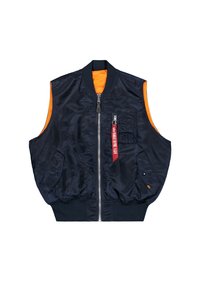 Chaleco sin mangas de color navy con interior naranja, cierre de cremallera de tela, bolsillos laterales y detalle de etiqueta roja en la parte frontal. Textura suave y brillante.