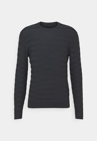 Ciemnoszary sweter dziany z teksturowanym wzorem poziomych pasków. Długie rękawy i okrągły dekolt. Miękki, elastyczny materiał.
