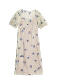Blumenkleid in Midi-Länge mit kurzen Puffärmeln, pastelpfirsichfarbenem Hintergrund, blauem und dunkellila Blumenmuster, leichtem, transparentem Stoff, V-Ausschnitt.