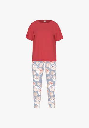 Punainen lyhythihainen t-paita yhdistettynä sinisiin housuihin, joissa on kukkakuvio kermaisessa ja punaisessa, pehmeää puuvillamateriaalia, rento istuvuus.