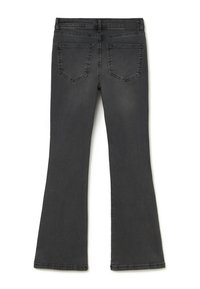 Jean en denim noir évasé avec une texture lisse, présentant deux poches arrière et un design légèrement décoloré. Passants de ceinture pour compléter la taille.