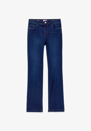 Vaqueros denim azul oscuro de corte recto con botón delantero, cremallera, trabillas para cinturón y cinco bolsillos.