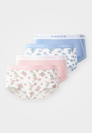 Four pairs of women's underwear featuring floral and solid patterns. Colors include white with pink flowers, pink, blue, and light blue.