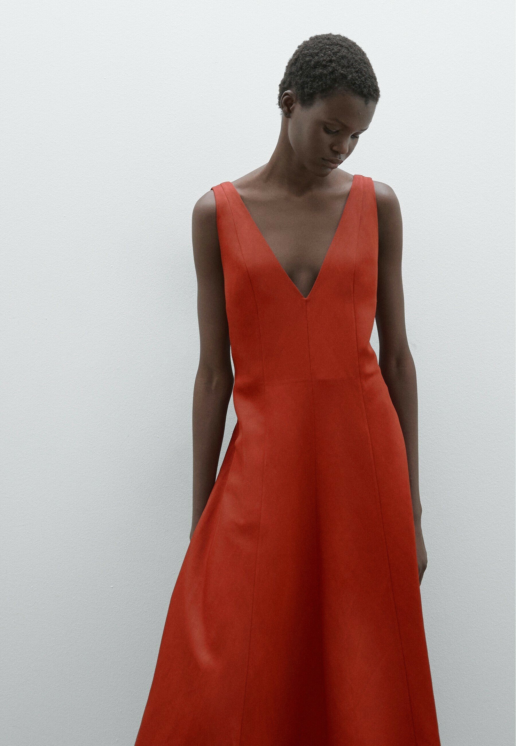 【Massimo Dutti】Long flounce V-neck dress Long flounce dress with pintucks · Bluish Green · Caps And