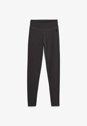 Zwarte legging van rekbare stof, met een hoge tailleband en een gladde textuur zonder zichtbare patronen of hardwaredetails.