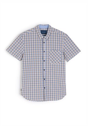 Koszula z krótkim rękawem zapinana na guziki w niebiesko-żółtą kratę, z naszywaną kieszenią i kołnierzykiem typu spread. Gładka tekstura materiału.