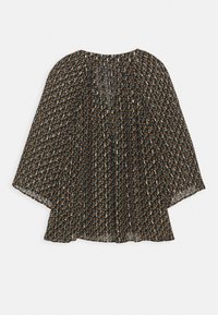Svart blus med blommönster, plisserad design, långa ärmar och rund halsringning. Lättviktsmaterial med flerfärgade blommiga detaljer.