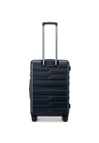 Marineblauer Hartschalenkoffer mit texturiertem Design, ausgestattet mit einem Teleskopgriff, vier schwarzen Rädern und seitlichen Griffen für einen einfachen Transport.