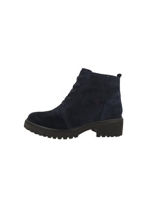 Bottines en suède bleu marine avec bout rond, dessus texturé, fermeture à lacets à l'avant et semelle en caoutchouc dotée d'une épaisse semelle crantée pour une meilleure adhérence.