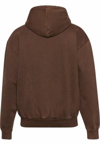 Sweat à capuche marron à manches longues avec poignets et taille élastiques, présenté de dos sur un fond blanc.