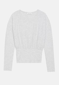 Grijze top met lange mouwen en een ronde halslijn, met een geraffineerde textuur bij de taille en zachte stof. Label: Anna Field.