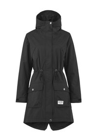 Svart vattentät jacka med huva, dragsko i midjan, två framfickor och tryckknappar. Slät textur och mittlång design.