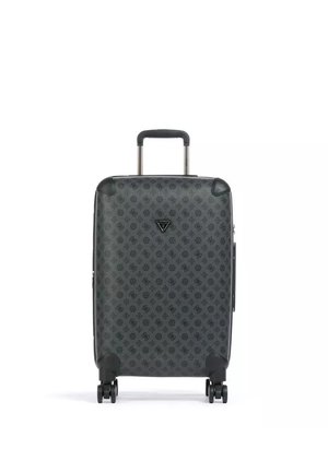 Black hard-shell suitcase with all-around pattern, four spinner wheels, and telescopic handle extended on white background.