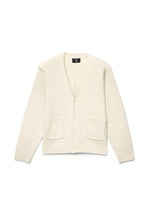 Cardigan color crema realizzato in morbido materiale con scollo a V, cinque bottoni, due tasche anteriori a patta e polsini a coste.