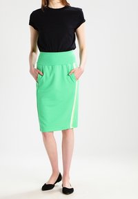 Mint green knee-length pencil skirt with fitted waistband, side pockets, and contrasting white stripe detail. Paired with a black t-shirt.