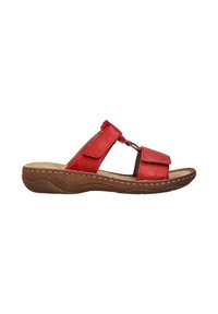 Sandales à glissière en cuir rouge avec deux brides ajustables, une semelle rembourrée et une semelle extérieure texturée marron. Dotées d'un accent métallique.