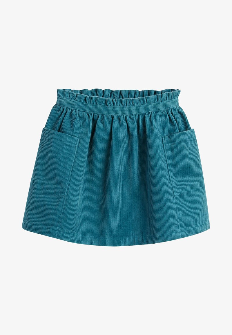 Jupe en velours côtelé bleu sarcelle avec une taille élastique froncée, dotée de deux poches avant et d'une coupe évasée, mettant en valeur une texture côtelée verticale.