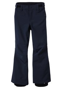Mørkeblå snebukser med glat stof, afslappet pasform, to frontlommer og elastiske manchetter for komfort og isolering.
