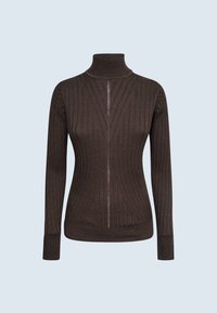 Brauner, gerippter Rollkragenpullover mit langen Ärmeln, der eine vertikale Naht und dezente, glänzende Akzente entlang der Mitte aufweist.
