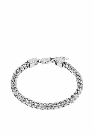 Silberfarbiges, dickes Gliederarmband mit Karabinerverschluss und Kettengliedern, polierte Metalloberfläche, runde Form.